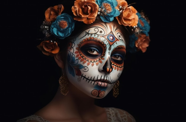 Portrait of a woman with sugar skull makeup over dark background halloween costume and makeup portra