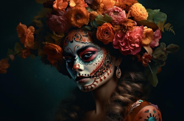 Free photo portrait of a woman with sugar skull makeup over dark background halloween costume and makeup portra