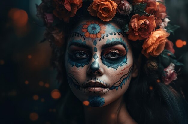 Portrait of a woman with sugar skull makeup over dark background halloween costume and makeup portra