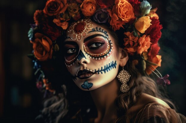 Portrait of a woman with sugar skull makeup over dark background halloween costume and makeup portra