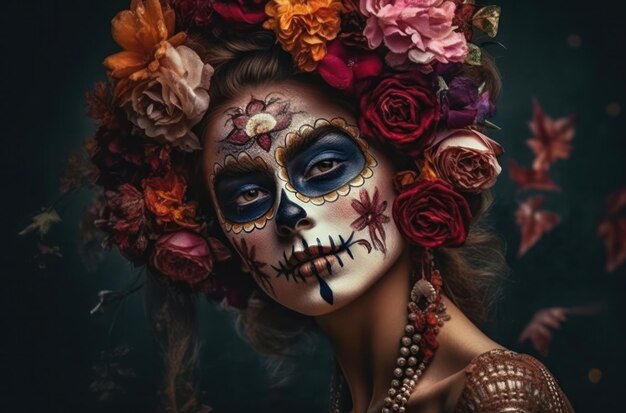 Portrait of a woman with sugar skull makeup over dark background halloween costume and makeup portra