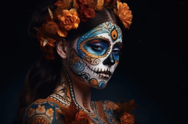 Free photo portrait of a woman with sugar skull makeup over dark background halloween costume and makeup portra