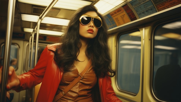 Portrait of woman with superhero suit in the subway train