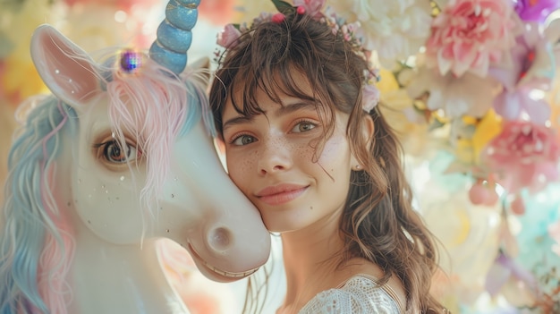 Free photo portrait of woman with unicorn