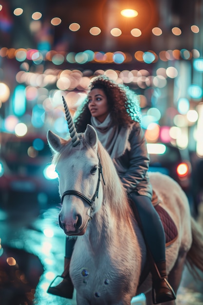 Free photo portrait of woman with unicorn