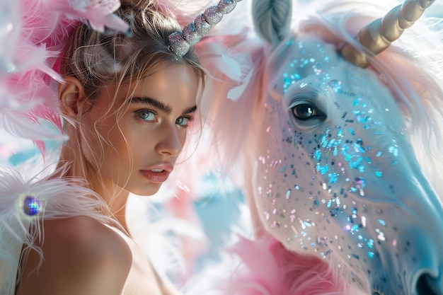 Free Photo portrait of woman with unicorn