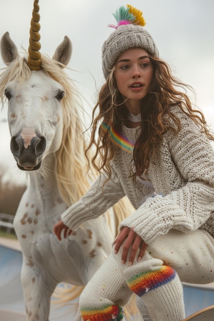 Free photo portrait of woman with unicorn