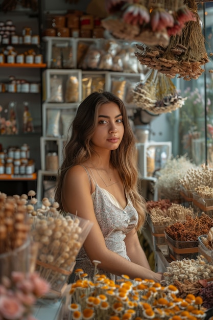 Portrait of woman working at a dried flowers shop