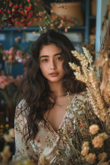 Free photo portrait of woman working at a dried flowers shop