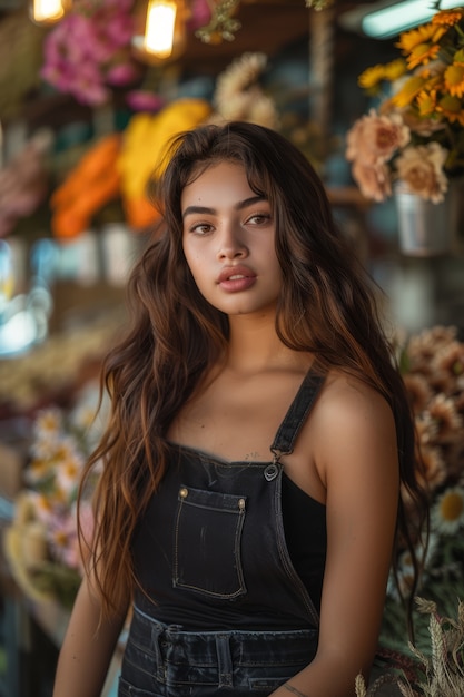 Free photo portrait of woman working at a dried flowers shop