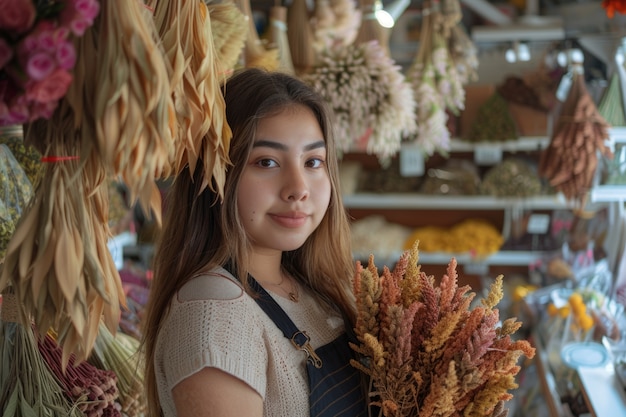 Free photo portrait of woman working at a dried flowers shop