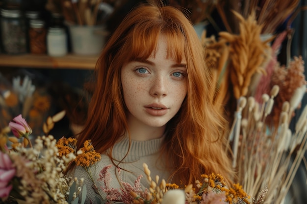 Free photo portrait of woman working at a dried flowers shop