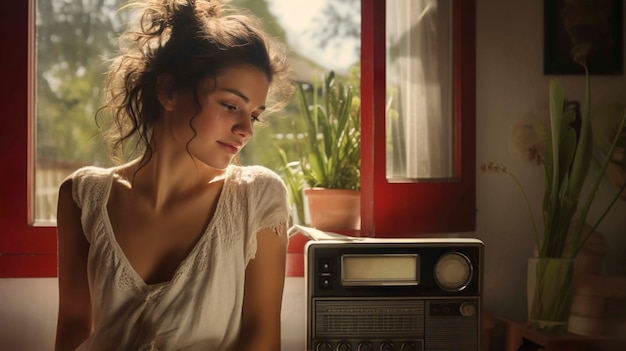 Free Photo portrait of young adult listening to the radio transmission