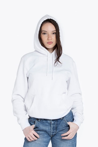 Free photo portrait of young adult wearing hoodie mockup