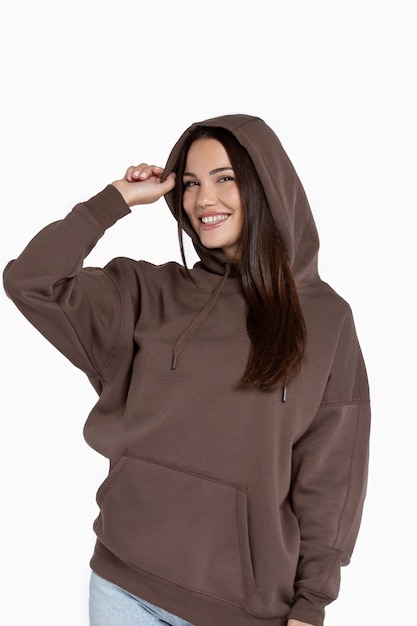 Free photo portrait of young adult wearing hoodie mockup