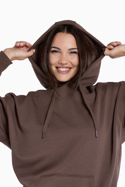 Free photo portrait of young adult wearing hoodie mockup