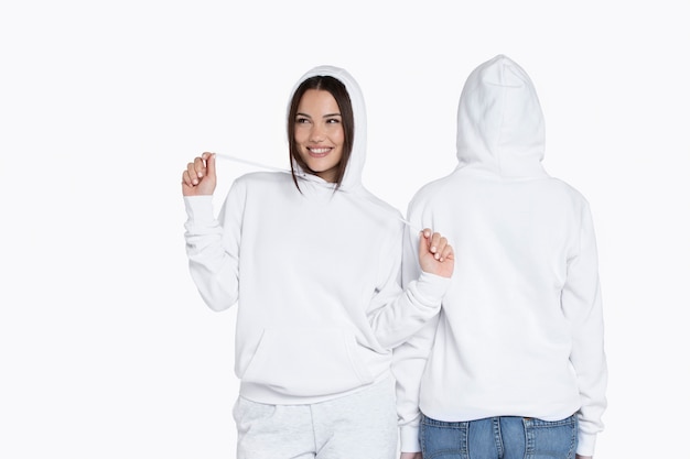 Free Photo portrait of young adults wearing hoodie mockup