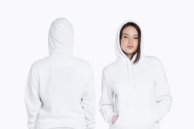 Free photo portrait of young adults wearing hoodie mockup