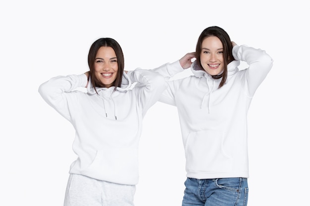 Free photo portrait of young adults wearing hoodie mockup