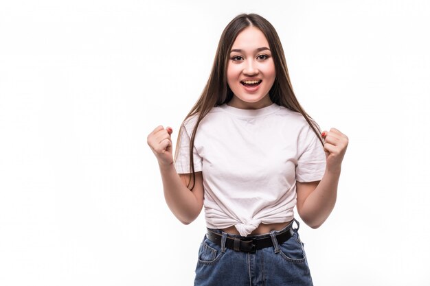 Portrait of young asian girl isolated on white wall