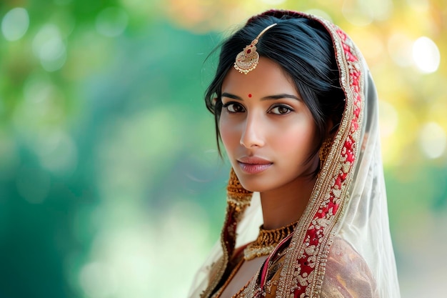 Free photo portrait of a young beautiful indian woman with sari