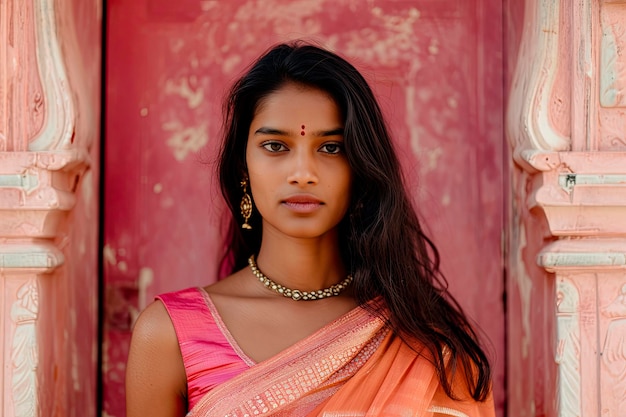 Free Photo portrait of a young beautiful indian woman with sari