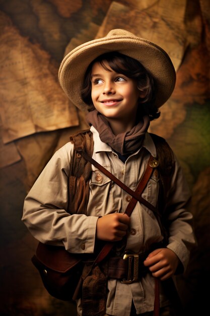 Portrait of young boy in explorer costume