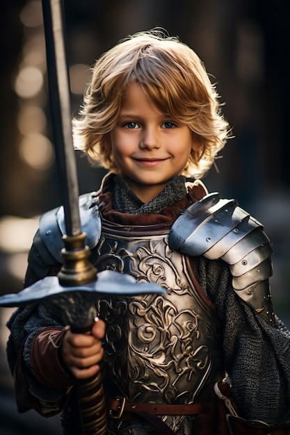 Free Photo portrait of young boy with knight costume