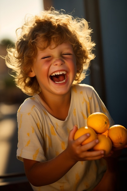 Free Photo portrait of young boy with orange fruit