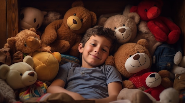 Portrait of young boy with teddy bears