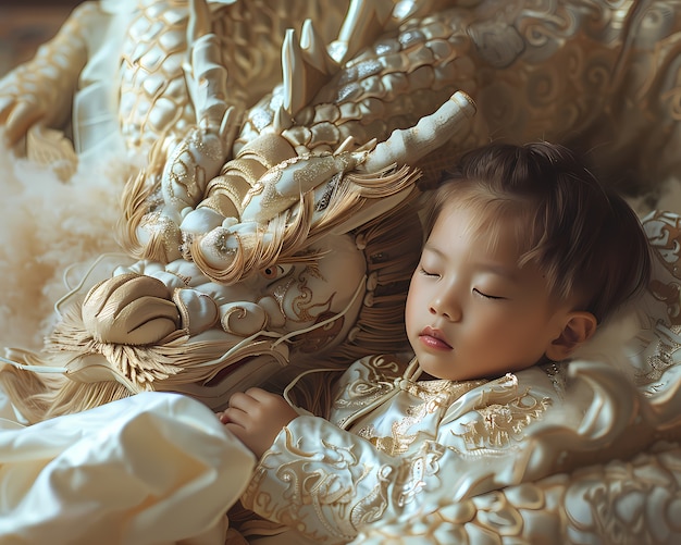 Portrait of young child with surreal pet dragon