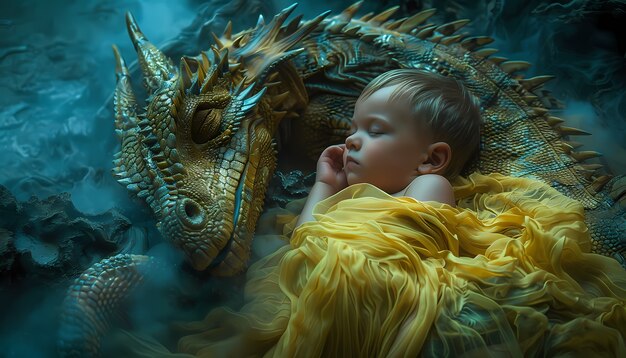 Portrait of young child with surreal pet dragon