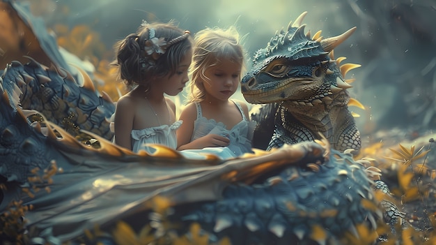 Free photo portrait of young child with surreal pet dragon