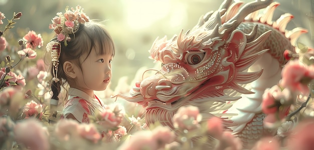 Portrait of young child with surreal pet dragon