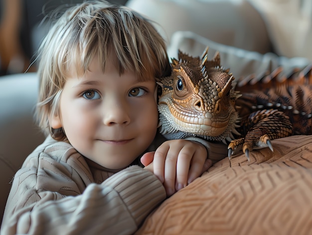 Portrait of young child with surreal pet dragon