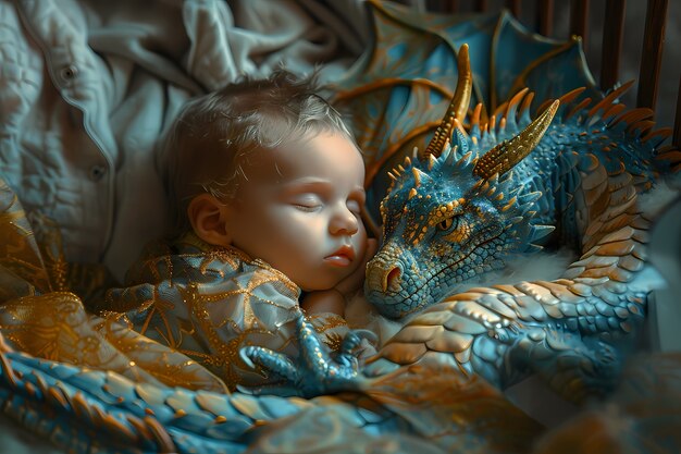 Portrait of young child with surreal pet dragon