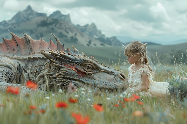 Free Photo portrait of young child with surreal pet dragon