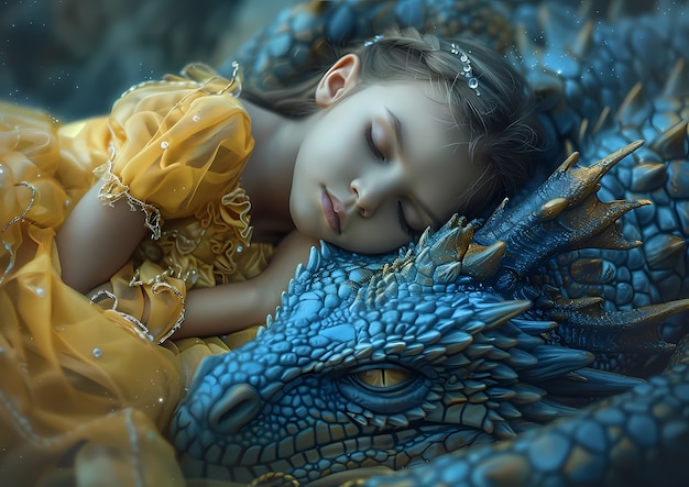 Free photo portrait of young child with surreal pet dragon