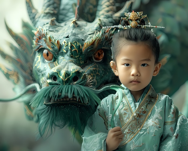 Free photo portrait of young child with surreal pet dragon