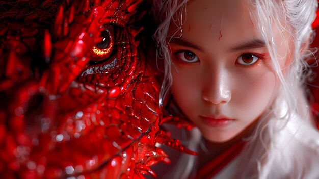 Free Photo portrait of young child with surreal pet dragon