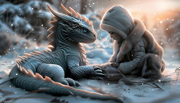 Free photo portrait of young child with surreal pet dragon