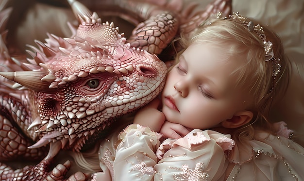 Portrait of young child with surreal pet dragon