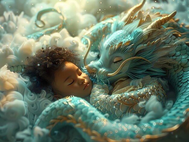 Portrait of young child with surreal pet dragon