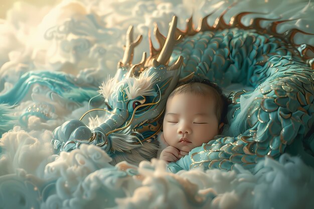 Portrait of young child with surreal pet dragon