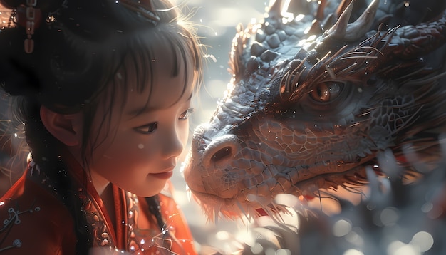 Free photo portrait of young child with surreal pet dragon