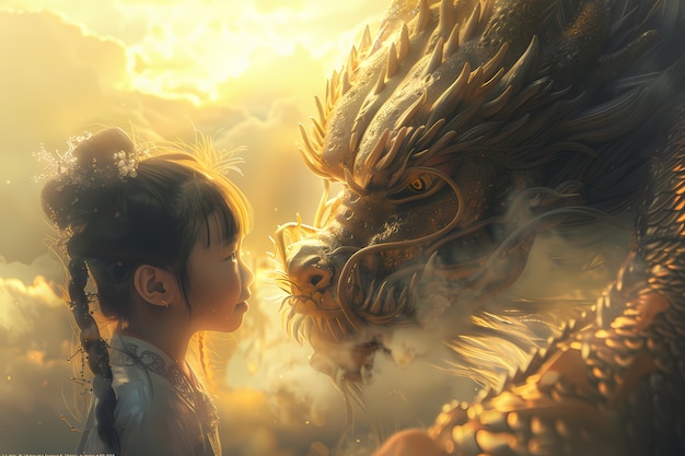 Free photo portrait of young child with surreal pet dragon