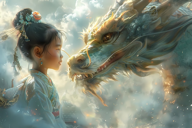 Free photo portrait of young child with surreal pet dragon