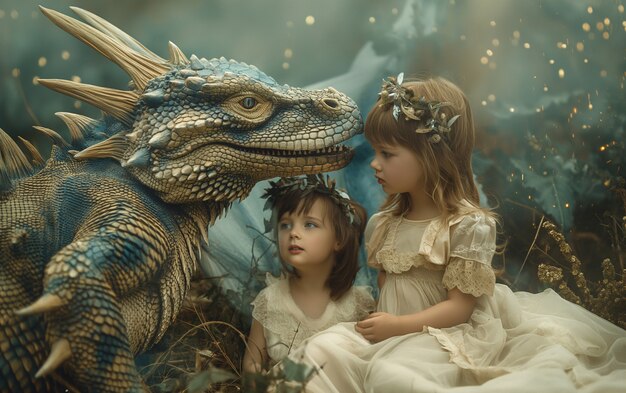 Portrait of young child with surreal pet dragon