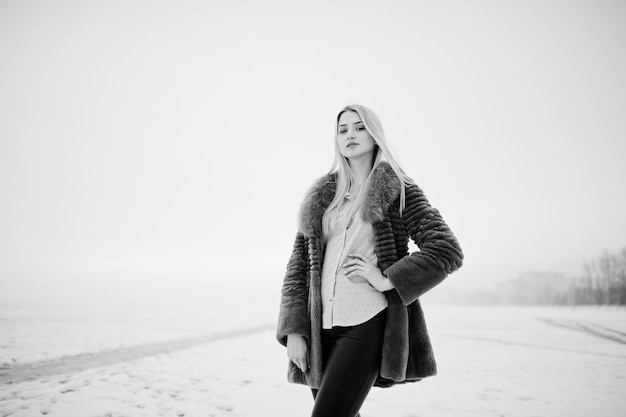 Free photo portrait of young elegance blonde girl in a fur coat background foggy river on winter ice