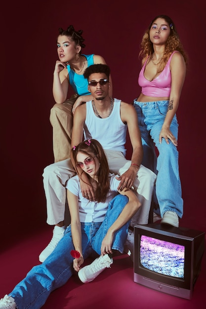 Free photo portrait of young friends in 2000s fashion style posing with television